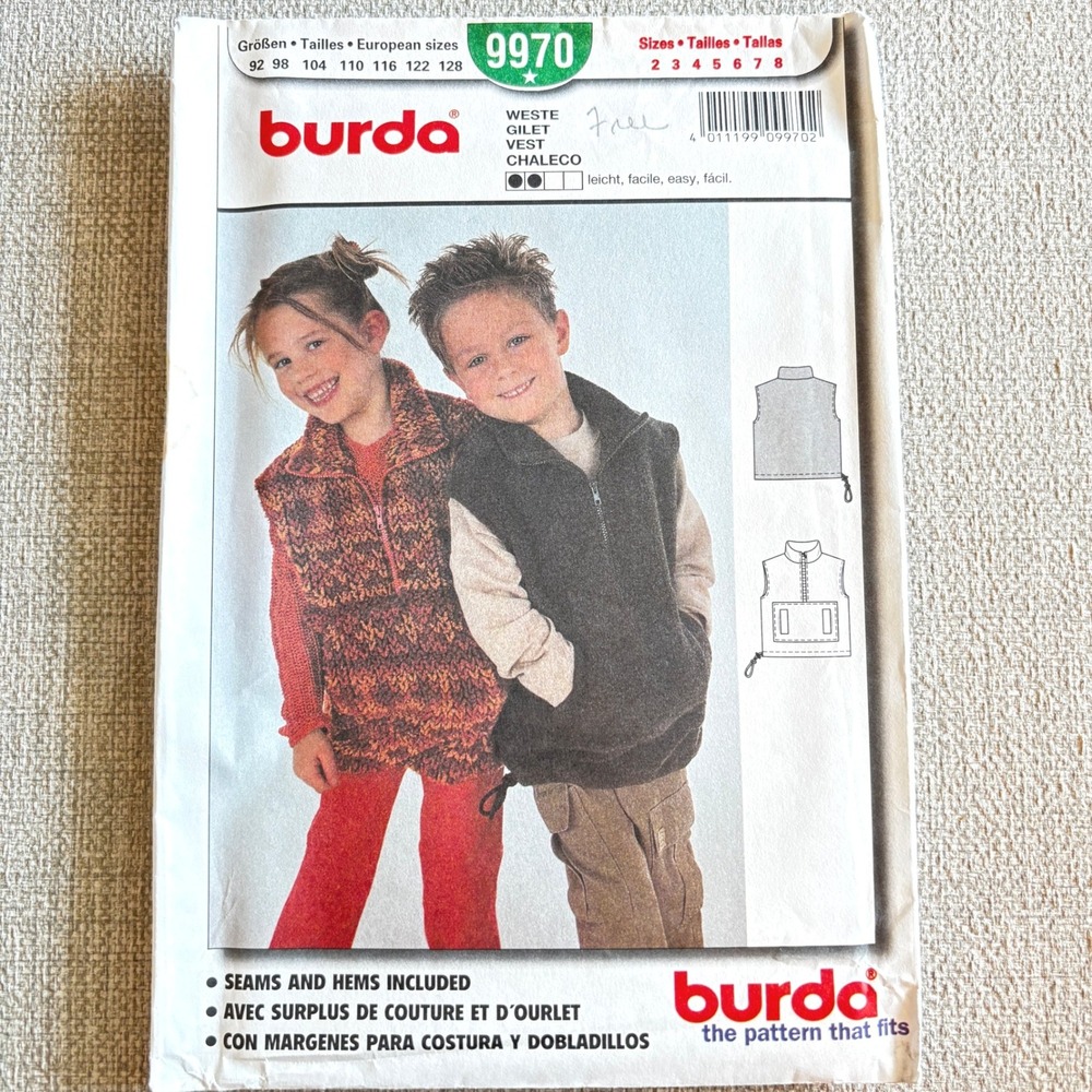 Burda 9970 ON-TREND Y2K Granola Kid Vest Sz 2-8 Fleece Utility Gorpcore NEW